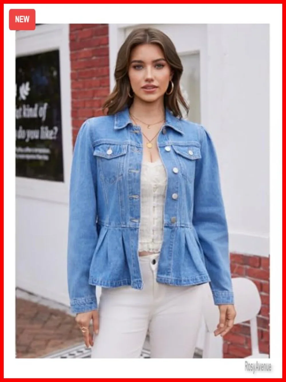 Women's Denim Jacket Peplum Ruffle Hem Puff Sleeve Button Down Casual Trendy